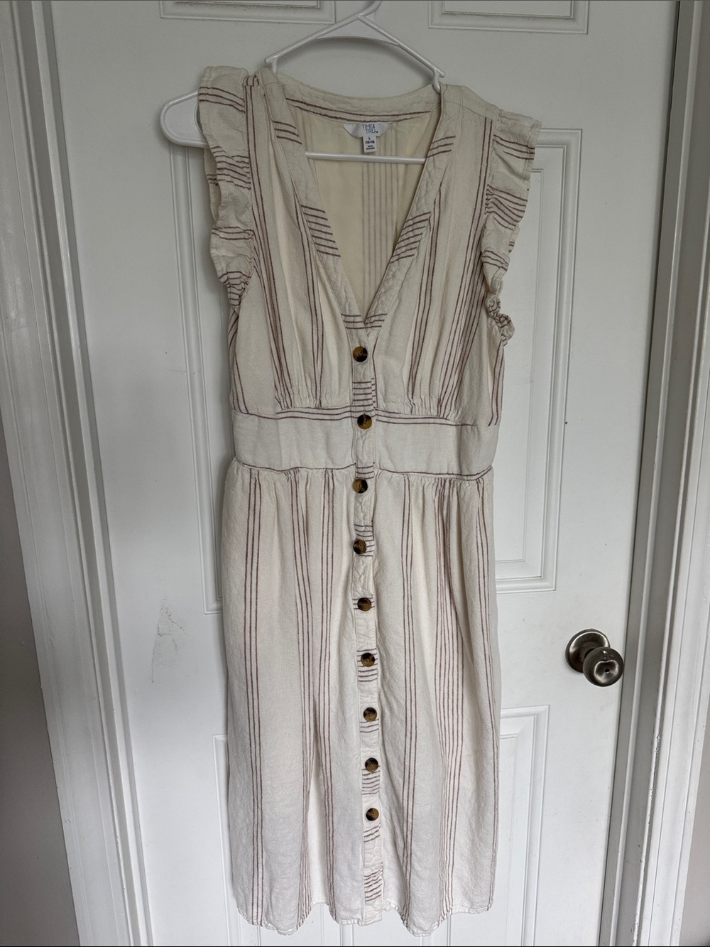 Time and Tru Cream and Brown Striped Button-Front Midi Dress